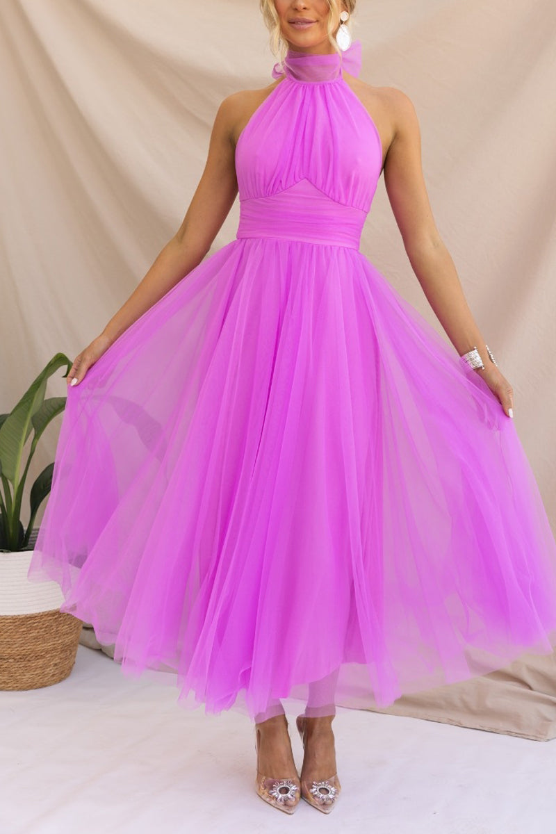 Fairy Vibes Tulle Gathered Detail Halter Maxi Dress