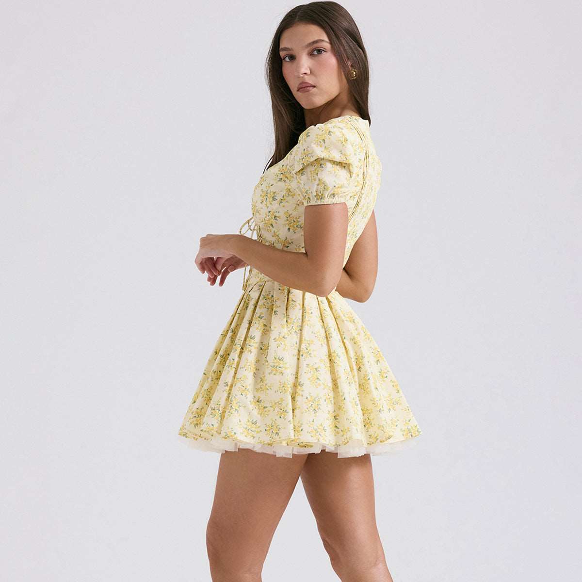 V-neck Puff Sleeve Dress Yellow Flowers Print French Style Sweet Pleated Dresses Womens Clothing