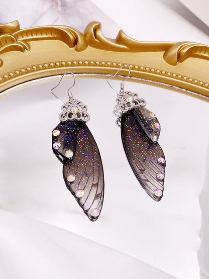 Butterfly Wing Black Rhinestone Cicada Wing Crystal örhängen