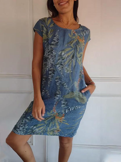 Robe Femme Imprimée Col Rond en Coton et Lin 