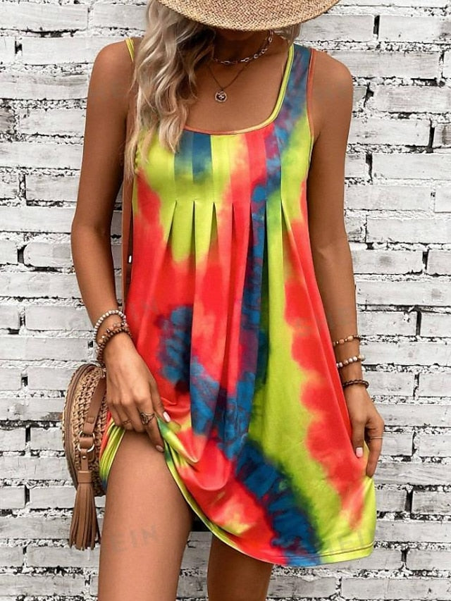 Women's Tank Dress Tie Dye Shift Dress Pleated U Neck Mini Dress Stylish Vacation Beach Sleeveless Summer