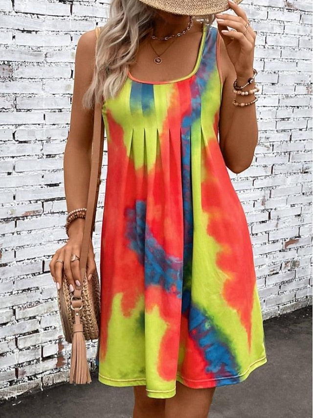 Women's Tank Dress Tie Dye Shift Dress Pleated U Neck Mini Dress Stylish Vacation Beach Sleeveless Summer