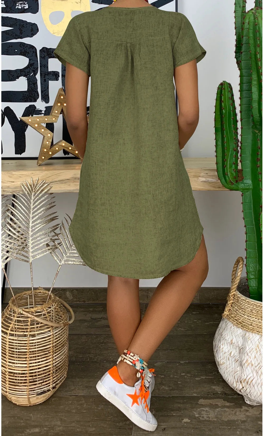 2024 Summer loose solid color short sleeved V-neck cotton linen dress