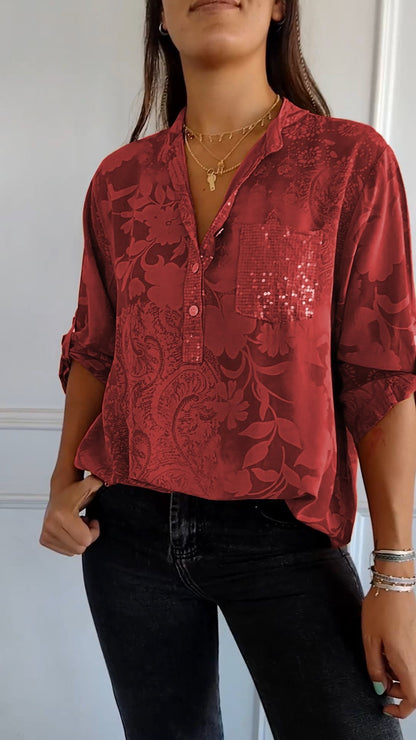 V-neck Half-button Printed Top