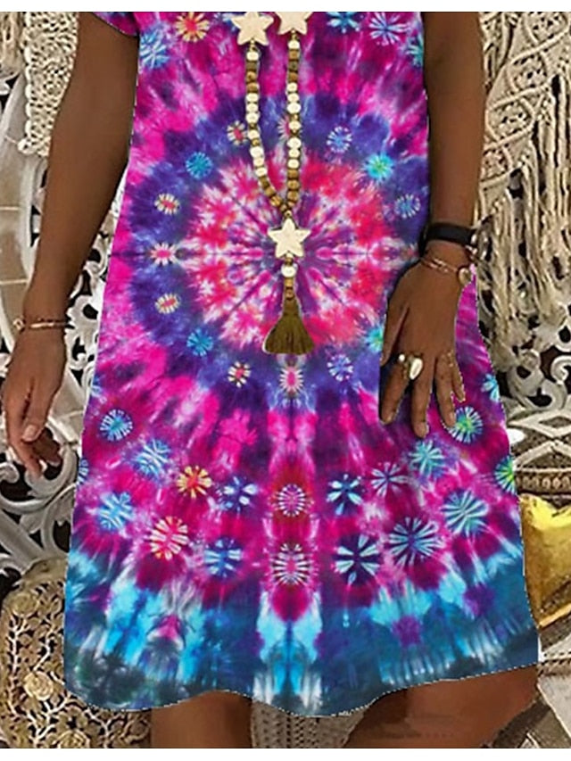 Mujer Vestido de cambio Vestido Midi Fucsia Manga Corta Tie-Dye Estampado Verano Primavera Escote en Pico Casual 2023 S M L XL XXL 3XL