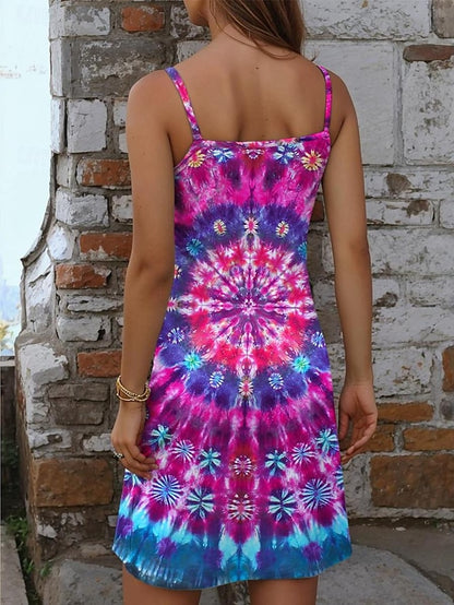 Women's Cami Dress Tie Dye Print Strap Mini Dress Hawaiian Boho Hippie Vacation Sleeveless Summer