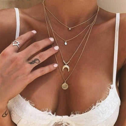 Kvinnors Boho stil Moon Gold Silver Flerlagers hängande halsband