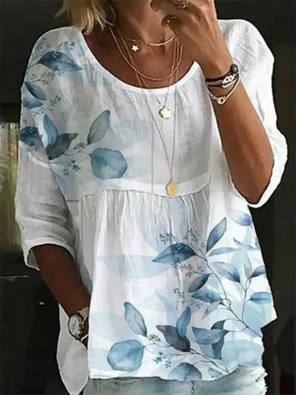 Round Neck Casual Loose Floral Print Long Sleeve Blouse