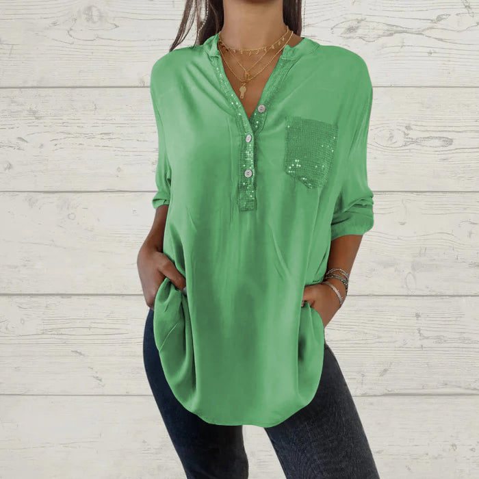 Sequin Patchwork V-neck Shirt