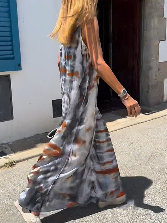 Per donna Abito lungo Abito maxi Abito casual Abito a trapezio Abito canotta Tinta a cravatta Moderno Casual Quotidiano Per le vacanze Con stampe Senza maniche A V Abito Largo Giallo Grigio Estate Primavera S M L XL XXL