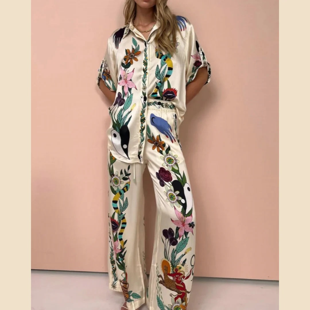 Boho Natureza Printed Satin Shirt & Byx Set