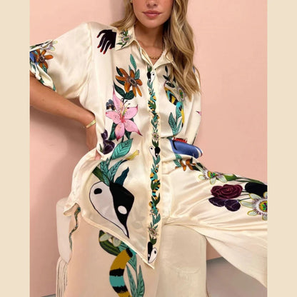 Boho Natureza Printed Satin Shirt & Pants Set