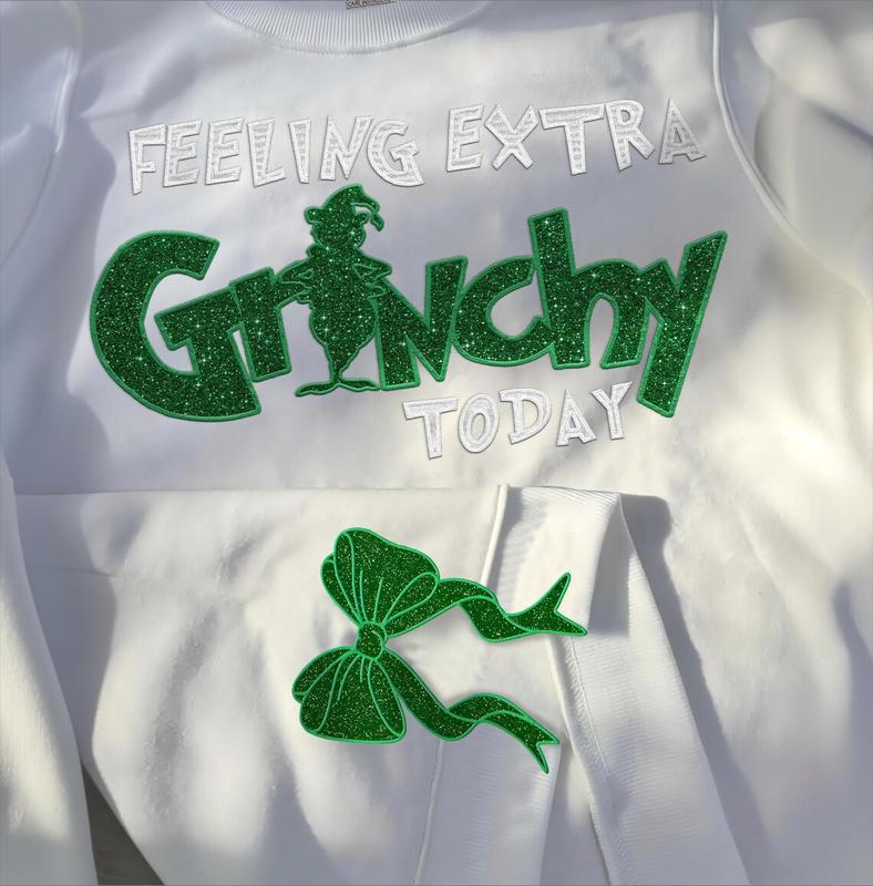 Feeling Extra Grinchy Today Christmas Side Bow Glitter Sweatshirt