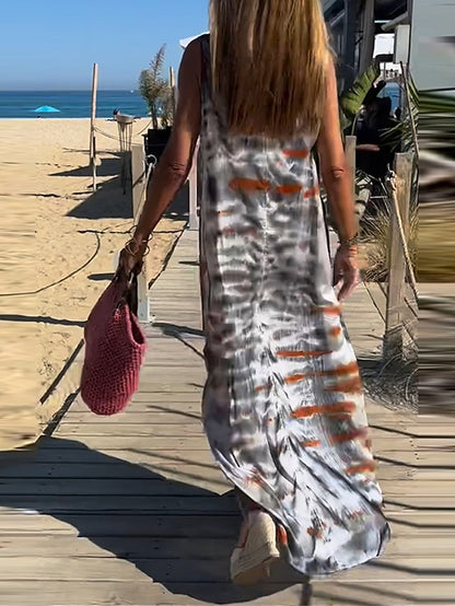 Per donna Abito lungo Abito maxi Abito casual Abito a trapezio Abito canotta Tinta a cravatta Moderno Casual Quotidiano Per le vacanze Con stampe Senza maniche A V Abito Largo Giallo Grigio Estate Primavera S M L XL XXL