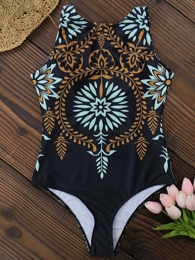 Mujer Trajes de baño Una pieza Monokini Trajes de baño Traje de baño normal Control de barriga Delgado Floral Negro Beige Camiseta con cuello redondo Trajes de baño Deportes Activo Casual / Sexy / nuevo / Sujetadores Acolchados