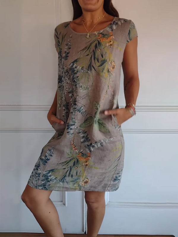 Robe Femme Imprimée Col Rond en Coton et Lin 