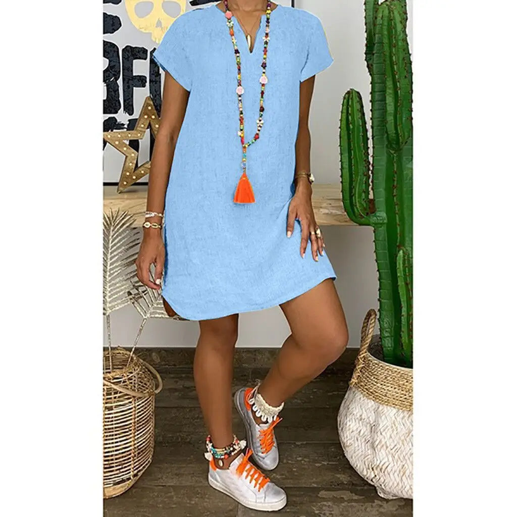 2024 Summer loose solid color short sleeved V-neck cotton linen dress