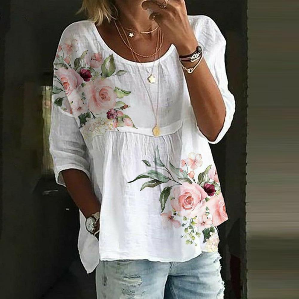 Top tunica bianco con stampa fiori rosa verde