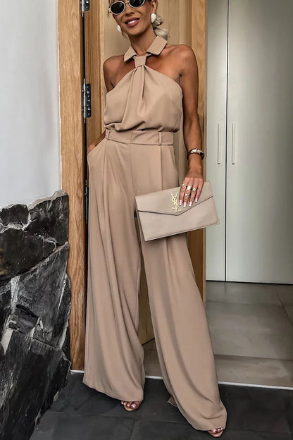 Fashionable Unique Look Halter Shirt Collar Pocketed Wide Leg Jumpsuit