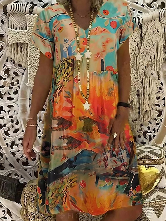 Femme Robe Décontractée Robe Midi Rouge Bleu Orange Manches Courtes Tie Dye Imprimé Eté Printemps Col en V Elégant Coupe Ample 2023 SML XL XXL 3XL 