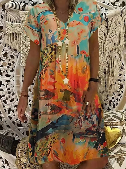 Kvinders fritidskjole Midikjole Rød Blå Orange Kortærmet Tie Dye Print Sommer Forår V-hals Elegant Loose Fit 2023 S M L XL XXL 3XL