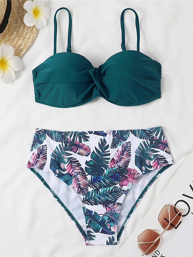 Women's Swimwear Bikini 2 Piece Normal Swimsuit 2 Piece Open Back Sexy Printing High Waisted Floral Leaves Strap Vacation Fashion Bathing Suits