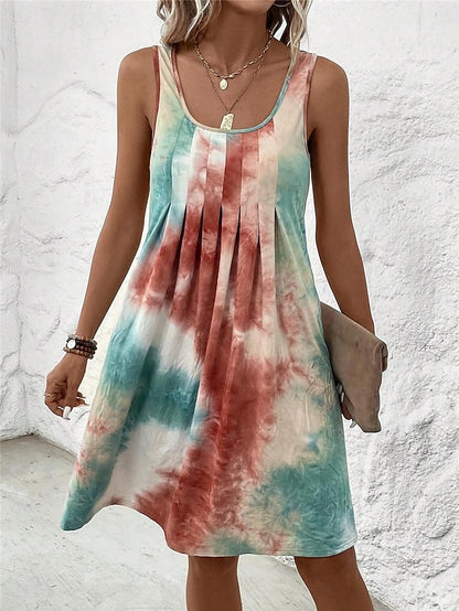 Women's Tank Dress Tie Dye Shift Dress Pleated U Neck Mini Dress Stylish Boho Vacation Beach Sleeveless Summer