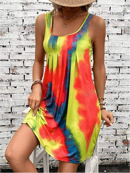 Women's Tank Dress Tie Dye Shift Dress Pleated U Neck Mini Dress Stylish Vacation Beach Sleeveless Summer