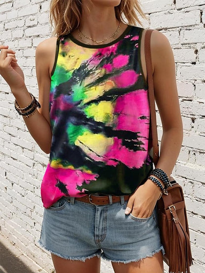 Damen-Tanktop mit Batikmuster, rosa, ärmellos, Rundhalsausschnitt, Urlaub, stilvoller Sommer