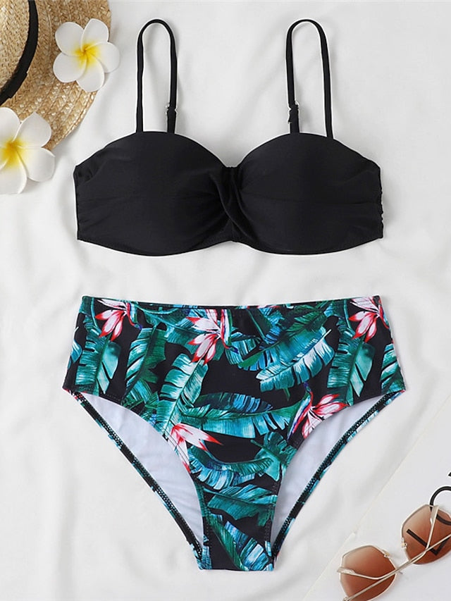 Women's Swimwear Bikini 2 Piece Normal Swimsuit 2 Piece Open Back Sexy Printing High Waisted Floral Leaves Strap Vacation Fashion Bathing Suits