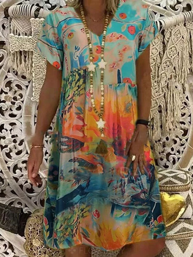 Femme Robe Décontractée Robe Midi Rouge Bleu Orange Manches Courtes Tie Dye Imprimé Eté Printemps Col en V Elégant Coupe Ample 2023 SML XL XXL 3XL 