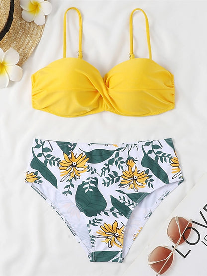 Women's Swimwear Bikini 2 Piece Normal Swimsuit 2 Piece Open Back Sexy Printing High Waisted Floral Leaves Strap Vacation Fashion Bathing Suits