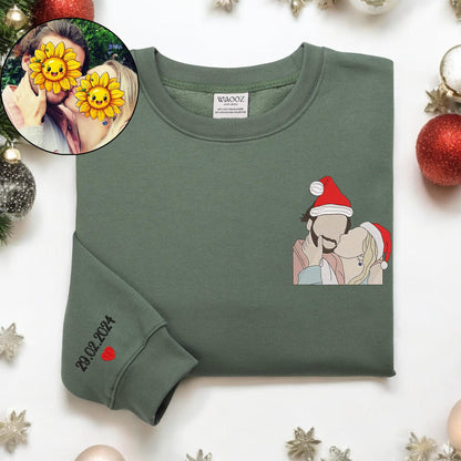 Broderet Christmas Custom Portrait Sweatshirt Custom Portrait From Photo Crewneck Family Christmas Sweater