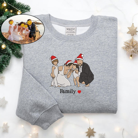 Sweat-shirt portrait personnalisé de Noël brodé Portrait personnalisé à partir d’une photo Pull de Noël familial Crewneck