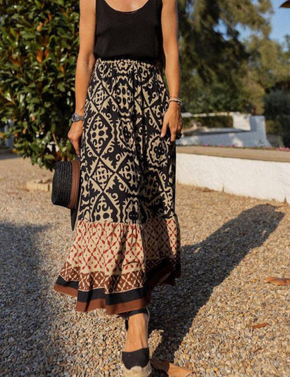 Baroko Tribal Print Boho Maxi sijonas juodos spalvos