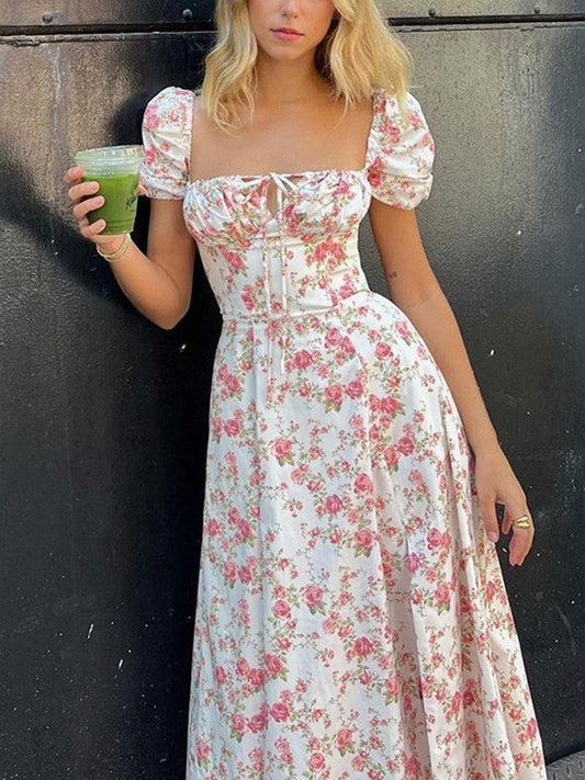 Puff Sleeve Split Floral Maxi Dress
