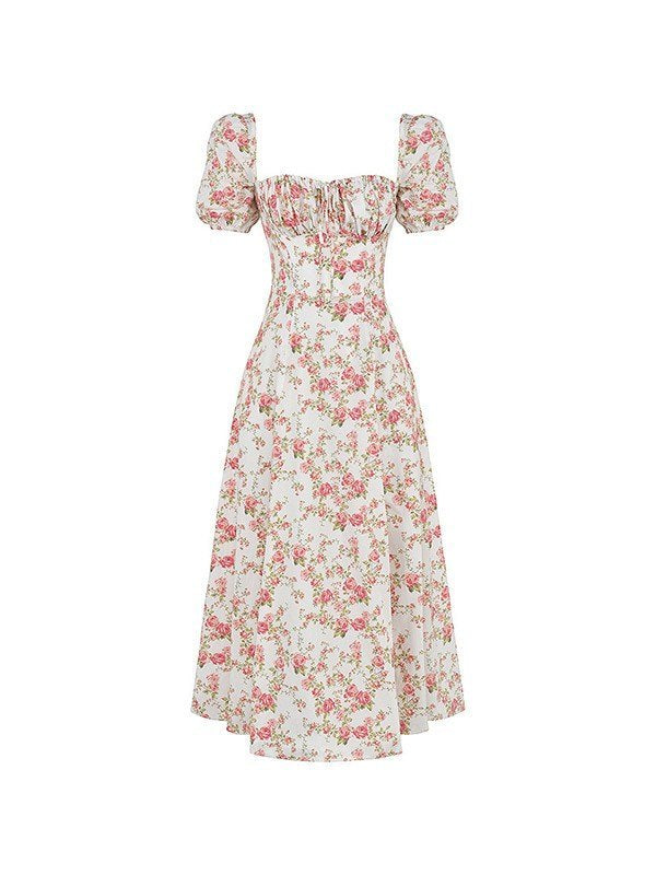 Puff Sleeve Split Floral Maxi Dress