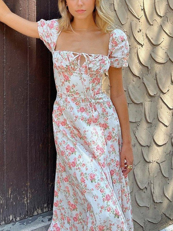 Puff Sleeve Split Floral Maxi Dress