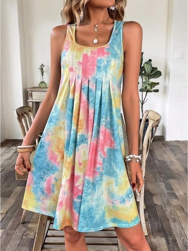 Women's Tank Dress Tie Dye Shift Dress Pleated U Neck Mini Dress Stylish Vacation Beach Sleeveless Summer