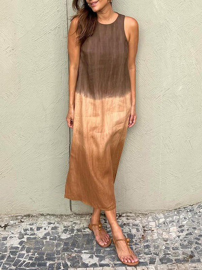 Vestido largo casual de algodón y lino sin mangas con abertura y efecto tie-dye para mujer