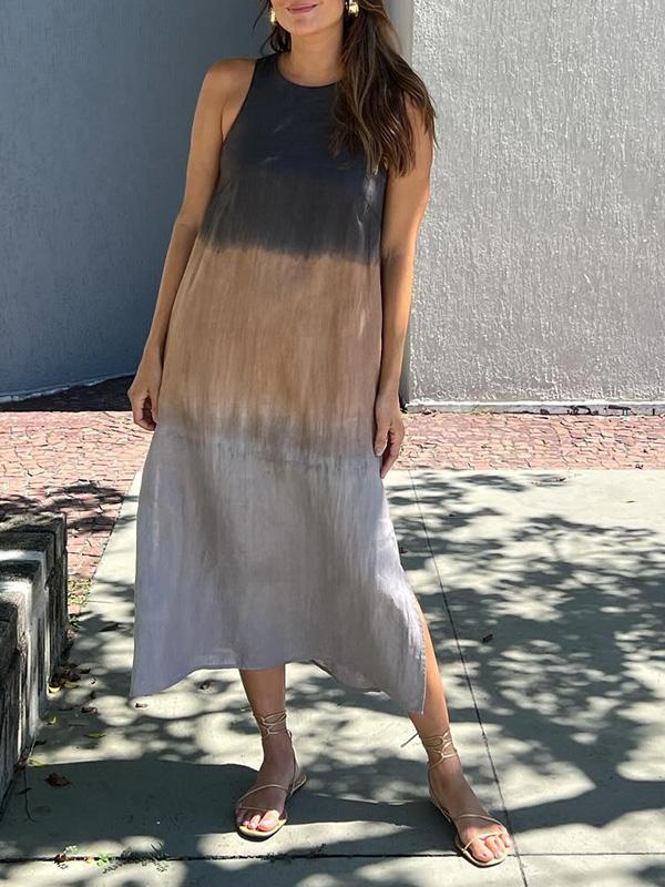 Vestido largo casual de algodón y lino sin mangas con abertura y efecto tie-dye para mujer