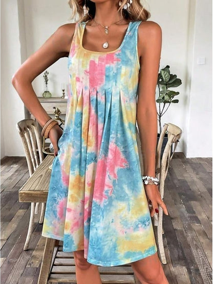 Women's Tank Dress Tie Dye Shift Dress Pleated U Neck Mini Dress Stylish Vacation Beach Sleeveless Summer