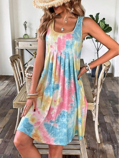 Women's Tank Dress Tie Dye Shift Dress Pleated U Neck Mini Dress Stylish Vacation Beach Sleeveless Summer