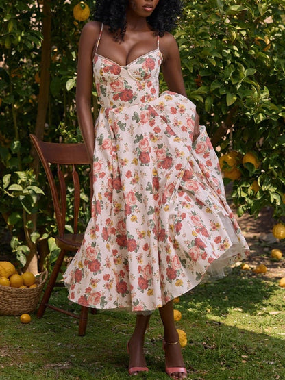 Robe midi italienne en tulle à imprimé roses 