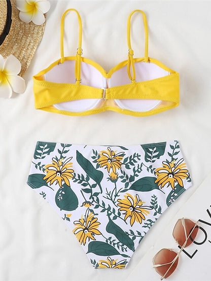 Women's Swimwear Bikini 2 Piece Normal Swimsuit 2 Piece Open Back Sexy Printing High Waisted Floral Leaves Strap Vacation Fashion Bathing Suits