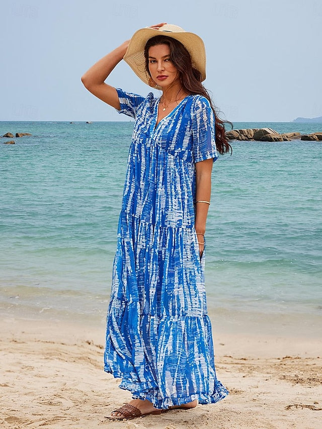 Tie Dye Print V Neck Long Dress Maxi Dress