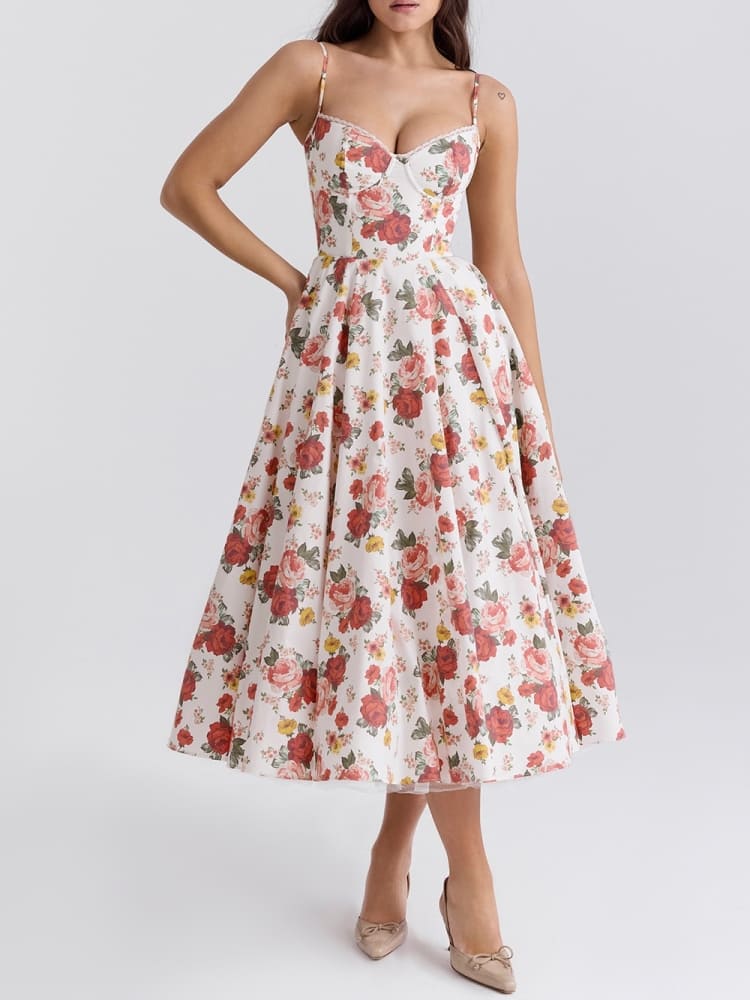 Italiensk Rose Print Tulle Midi Kjole