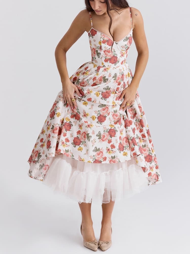 Italiensk Rose Print Tulle Midi Kjole