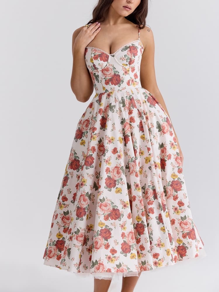 Italiensk Rose Print Tulle Midi Klänning