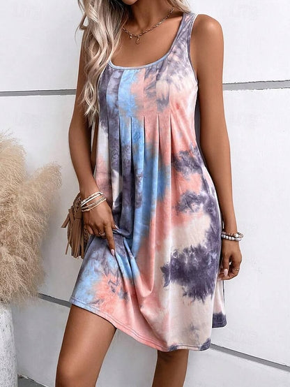 Women's Tank Dress Tie Dye Shift Dress Pleated U Neck Mini Dress Stylish Boho Vacation Beach Sleeveless Summer